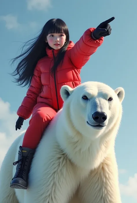 A high school girl straddling a polar bear、Point to the reference direction、Black Hair、Shortcuts、Red winter clothes、Real、Bold composition、とてもRealな描写、photograph、Beautiful girl。