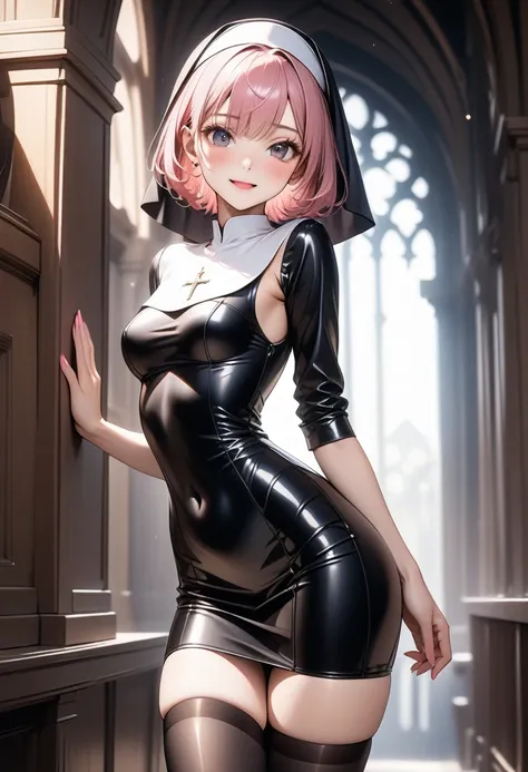 ((traditional nun)), Leather panties, skirt, Pantyhose, Stiletto heels, ((Shiny Costumes)), (skindentation), skinny, alone, solo, Masterpiece, highest quality, highest quality, 16K, incredibly absurd, highly detailed, 2.5D, ai-generated, delicate and dynam...