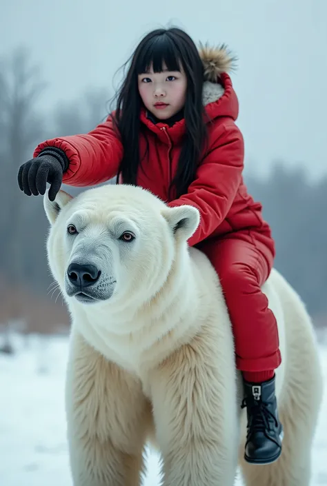 A high school girl straddling a polar bear、Point to the reference direction、Black Hair、Shortcuts、Red winter clothes、Real、Bold composition、とてもRealな描写、photograph、Beautiful girl。