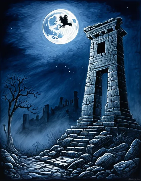 Drawings drawn by children, Drawn with crayons, (Griffon), moonlight, Ancient ruins, Solemn, mysterious, Eyes shining in the darkness, fog