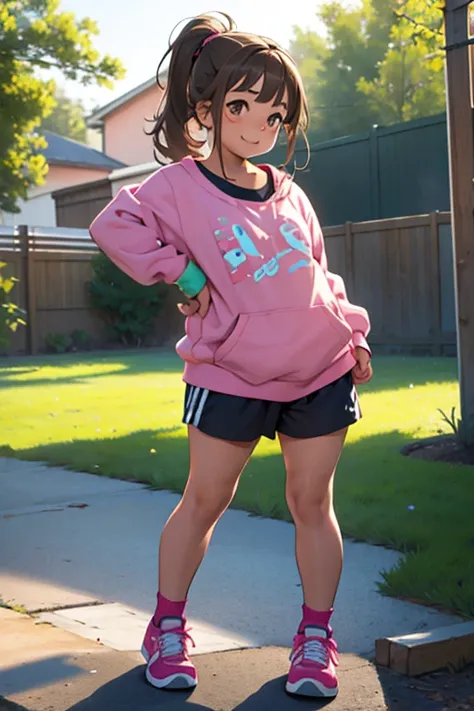 cute teenage girl,  short stature，flat chest，Cute chubby girl, Chubby body type, Light brown straight hair with fluff gathered in a ponytail、Brown eyes, Absolutely no clothes,  Pink sneakers，Having fun, playing in the backyard，