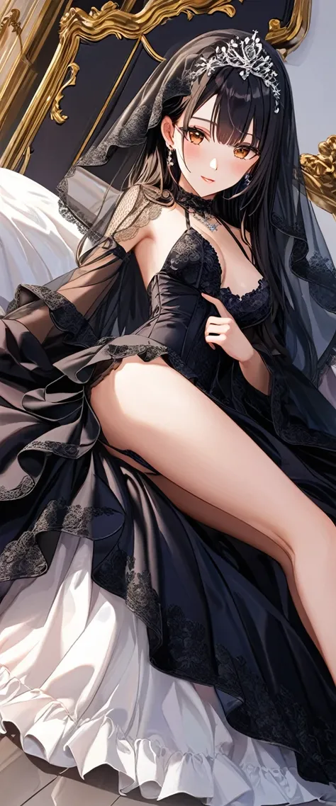 High resolution, adult woman , Sit on a chair、good lighting, despicable, , (nudity), (((black wedding dress))), ((veil)), ((())), (garter belt), abdomen only, (),  ,  cute face, I&#39;m embarrassed and blush, humiliating, ((turn around and look back)), ((S...