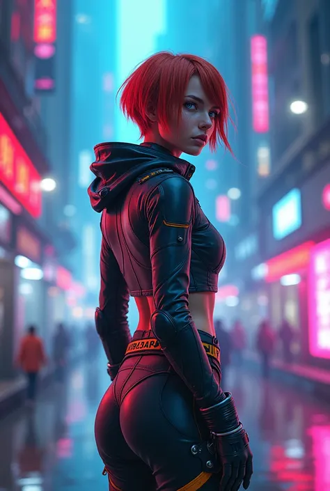 futuristic cityscape where reality starts blending with a surreal virtual environment. Emma, a young woman with short auburn hair and blue eyes, is exploring a scene where the digital world intersects with the physical. She wears a sleek, futuristic outfit...