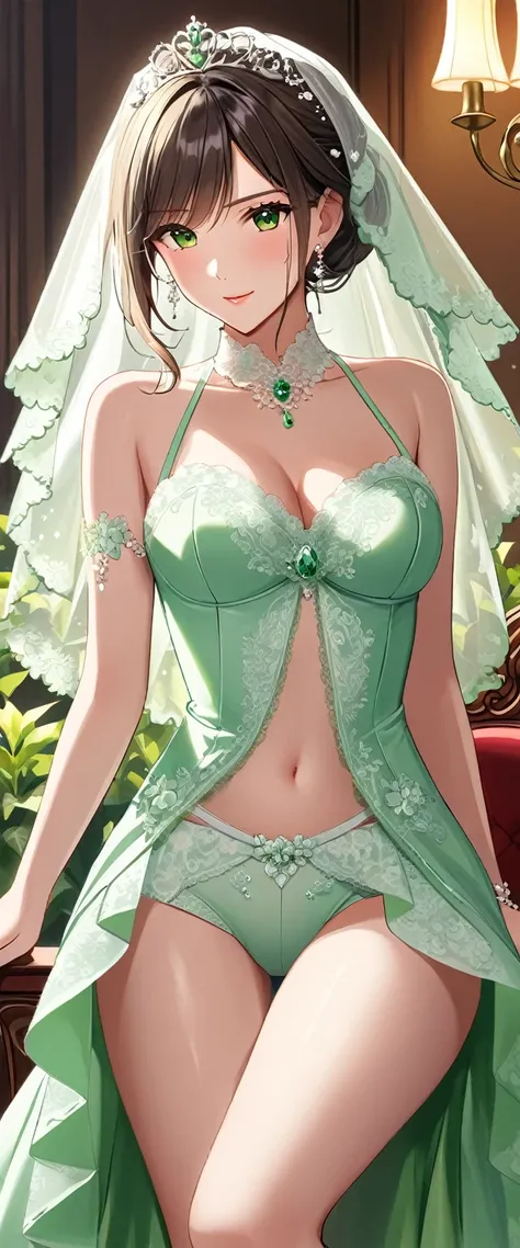 High resolution, adult woman , Sit on a chair、Dripping Sweat、good lighting, despicable, (((green wedding dress))), ((veil)), ((())), (garter belt), abdomen only, (),  ,  cute face, I&#39;m embarrassed and blush, humiliating, ((turn around and look back)), ...