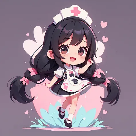 １people、Happy atmosphere，Cute Style，Cute cartoon，round background，masterpiece　Long black hair　Cute Characters　 Anime Style　The whole body is visible　Charm　High resolution　delicate　nurse
