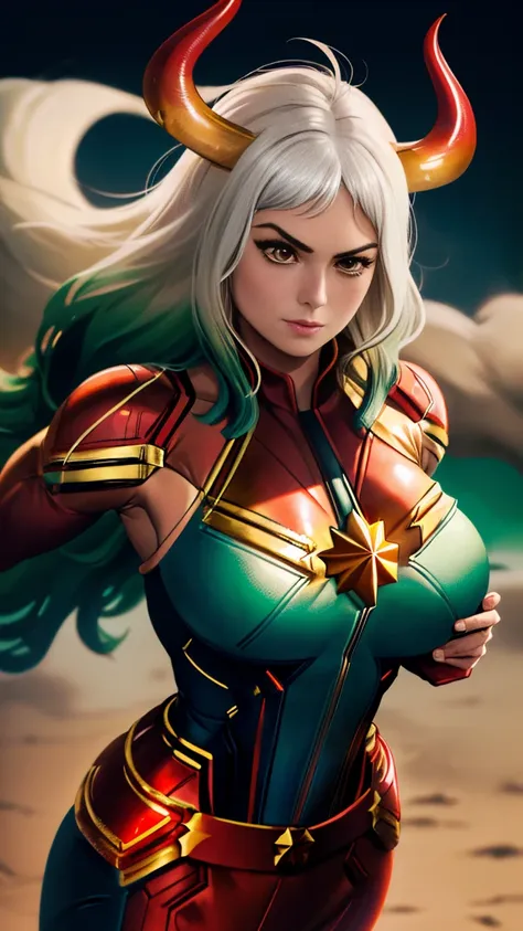 foto de corpo inteiro, yamato version of captain marvel, (best qualityer:1.3), sultry posing, captain marvel, (demon girl), very...