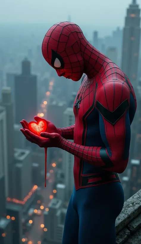 Spiderman with his head down looking at his hands where he has a bleeding heart where he is swemtqdeobql on the edge of a skyscraper 