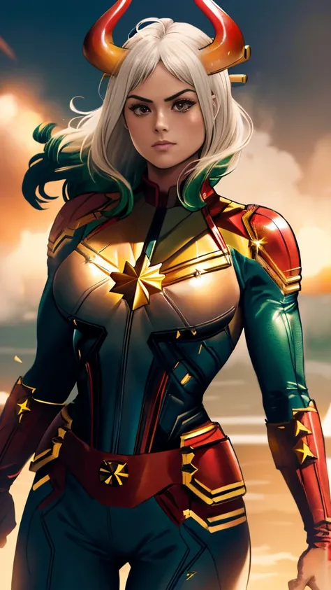 foto de corpo inteiro, yamato version of captain marvel, (best qualityer:1.3), sultry posing, captain marvel, (demon girl), very...