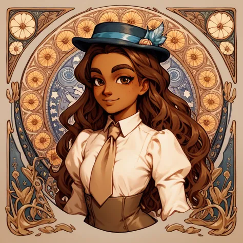 masterpiece, art nouveau,  franimel, long hair untill hips, brown skin, brown eyes, freckles, hat, beige tie, light smile, look ...