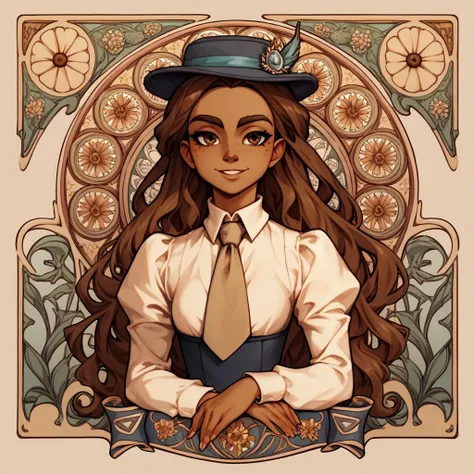 masterpiece, art nouveau,  franimel, long hair untill hips, brown skin, brown eyes, freckles, hat, beige tie, light smile, look ...