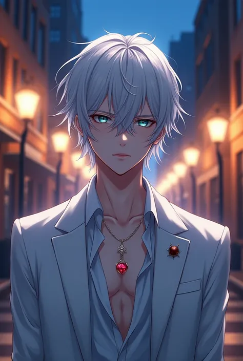 A anime boy with white hair, Diamond eyed color, pale skin, a bit muscular, has a white suit, has a necklace that’s silver with a ruby in the middle, he’s standing in the streets at night, beautiful street lights in the background, as he’s looking towards ...