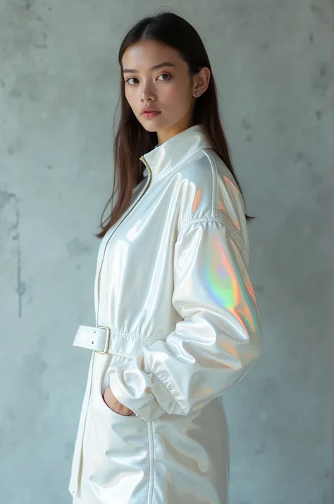 High-resolution editorial fashion photography, shot on 35mm film, [young female model with a modern look and fair skin, straight hair], full body shot, great perfect body hourglass busty  [holographic white futuristic jacket with iridescent sheen], [minima...