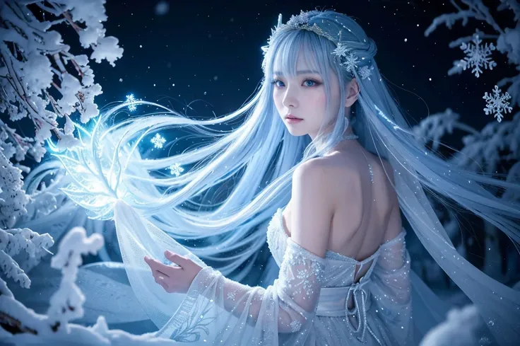 **Prompt:** Create an ultra-realistic 8K image of Yuki-onna, the snow spirit from Japanese folklore, reimagined as the ultimate fantasy character while retaining her iconic features. Yuki-onna is depicted with ethereal, porcelain-like skin that shimmers wi...