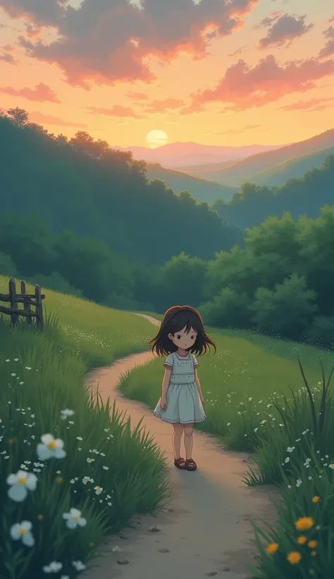 A girl is walking shyly at dusk。Ghibli style