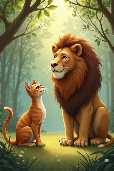 One cat and lion talk each other 