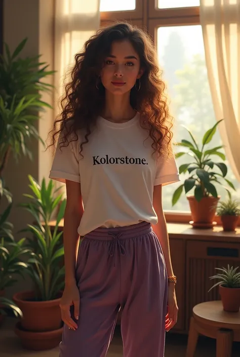 (photorealism:1.2), beautiful  woman, standing in office , wearing rib  bell bottom with elastic waistband of dark lavender colour , shirt with kolorstone written on it, long curly hair, indoors, soft lighting, plants in background, window with sunlight, c...