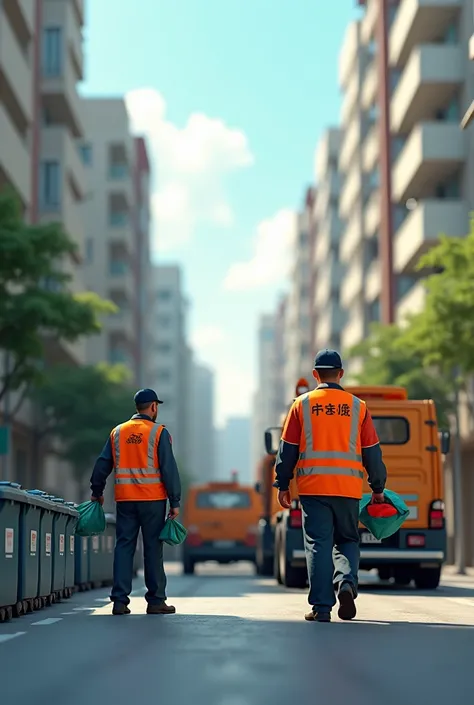 I want image in which municipality workers are collecting waste from dustbins and collecting through their vehicles 
