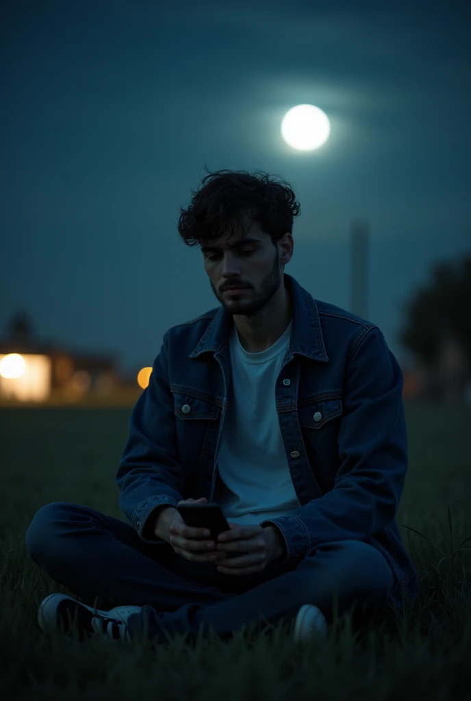 A man, lonely ,sitting on field in night , with mobile,wearing t shirt with denim jacket , jeans , medium fade hair, indoors, soft lighting, window with moon, relaxed sad pose, realistic, intricate details, night, 