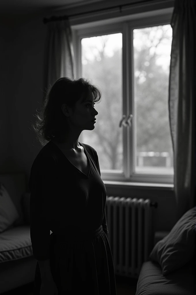 Adult woman looking out the window pensive and melancholic, 80&#39;s vintage black and white image 