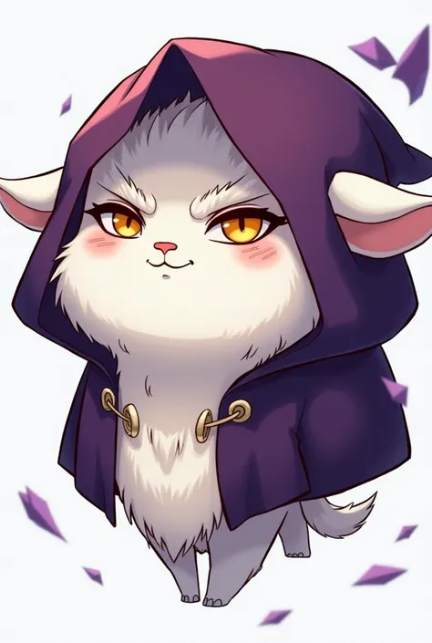 Make a white goat wearing a purple hood, the goat has to be humanoid and muscular but it has to have a goat face.