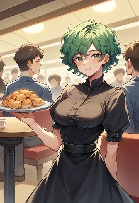 1Man dressed in casuals, Green hair, BREAK, 1woman, Woman dressed in a black gown, brown and Blue multiple hair color, curly wavy hair, short hair, They are at a restaurant