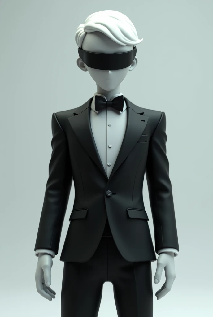 Animated guy wearing black tuxedo, dark blindfold, white hair in the clear background 