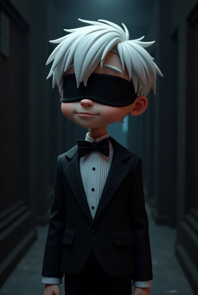 Animated boy wearing black tuxedo, dark blindfold, white hair in the dark room 