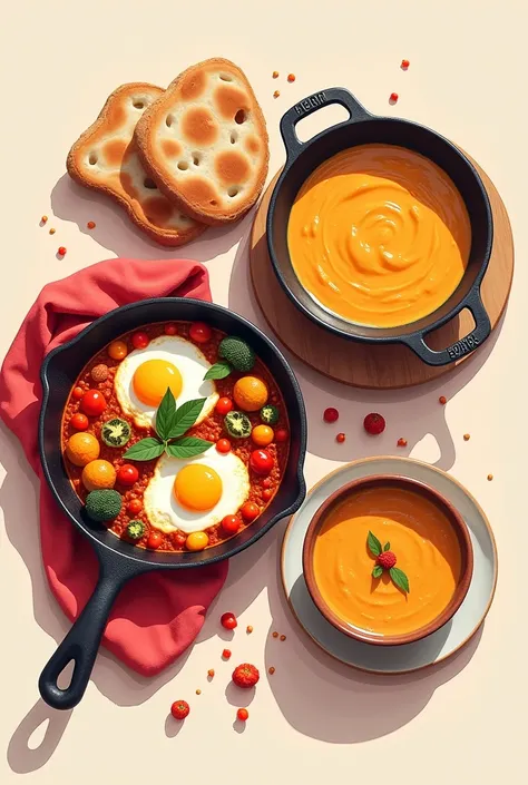 Illustration of these two dishes together “Summer Veggie Shakshuka” Poached eggs in a spiced tomato sauce with seasonal vegetables, served with pita bread. A robust dish full of seasonal freshness.
	2.	“Autumn Soup” Creamy pumpkin soup with a hint of spice...