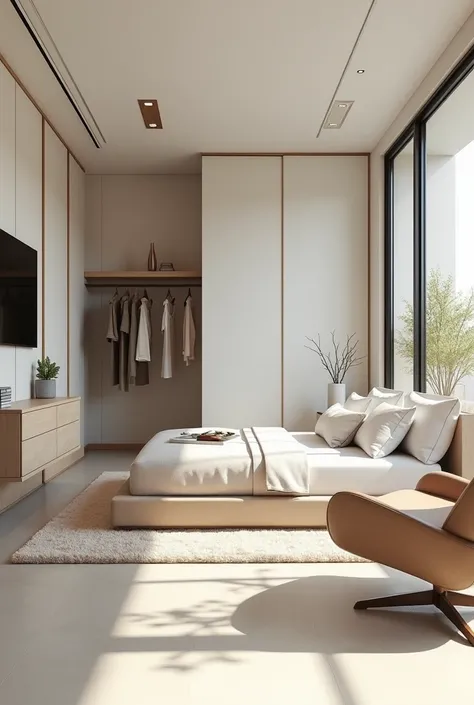 A room with moderna style with a bed, TV, closet, some have mirrors, desk and mats