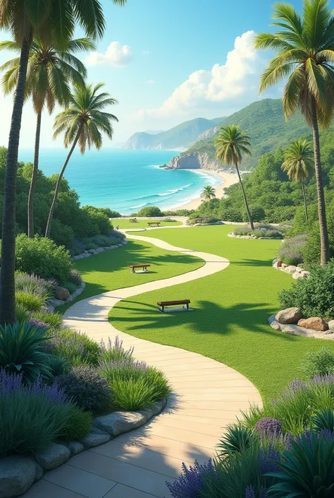 Create a park with green areas and a path , All this with the theme of sea waves
