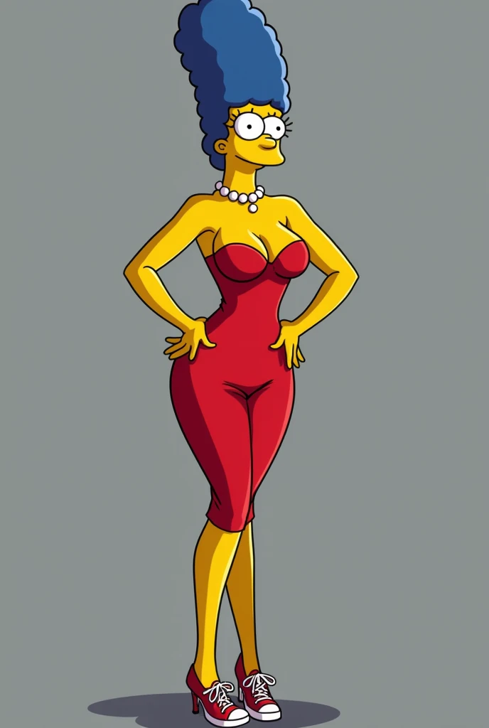 Marges simpson tight dress, full body slim, messianic breasts sexual traits, smile closed mouth sneakers short heels, cartoons bold pose