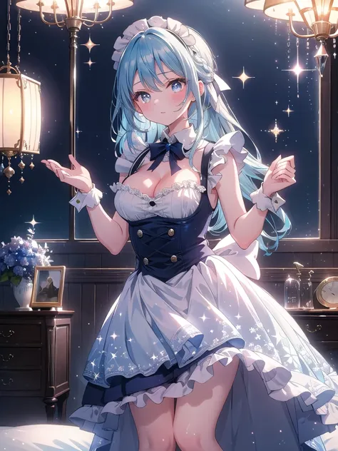 ((8k, Best Quality, Masterpiece: 1.3)), Ultra High Resolution, (15歳の1人の女の子, One Person), (Color Changing Eyes, Super Detailed, Expressive Sparkle, Sparkling, Glowing Eyes), Highly Detailed Eyes,In a softly lit, cozy bedroom, a young maid with sky-blue hair...