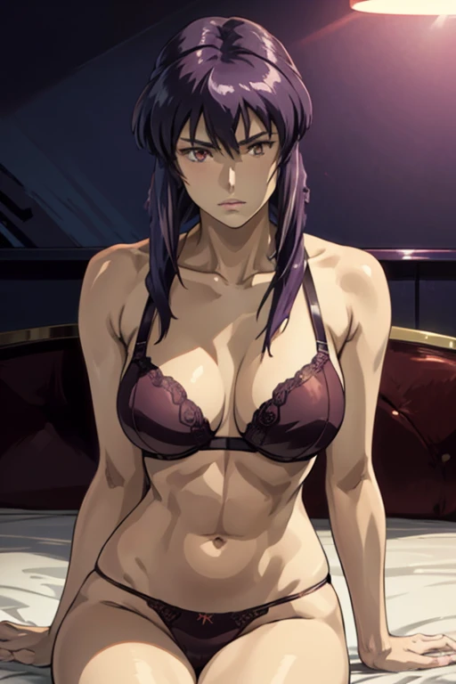 Masterpiece, Top Quality, Kusanagi Motoko, Anime, 8K, "She has shoulder-length dark purple hair with straight bangs and piercing, confident reddish-brown eyes. Her face is somewhat rounded: 1.3". She wears sleek, form-fitting (light red underwear: 1.3) clo...