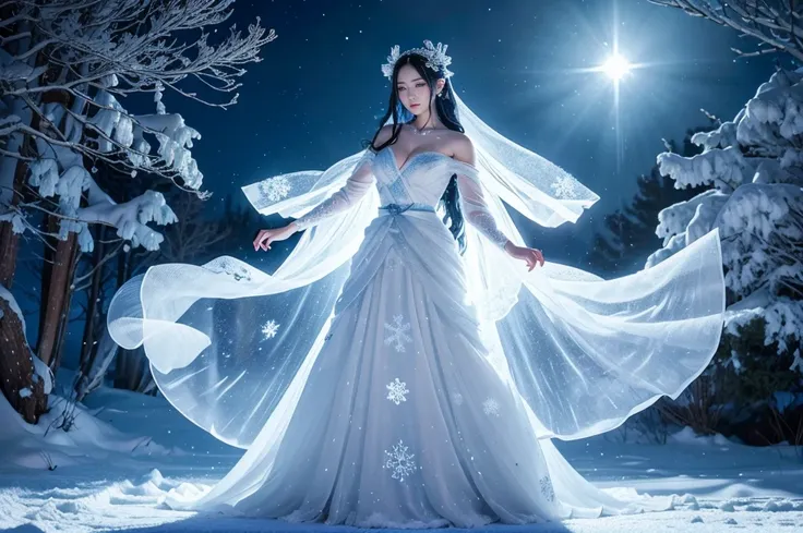 **Prompt:** Create an ultra-realistic 8K image of Yuki-onna, the snow spirit from Japanese folklore, reimagined as the ultimate fantasy character while retaining her iconic features. Yuki-onna is depicted with ethereal, porcelain-like skin that shimmers wi...