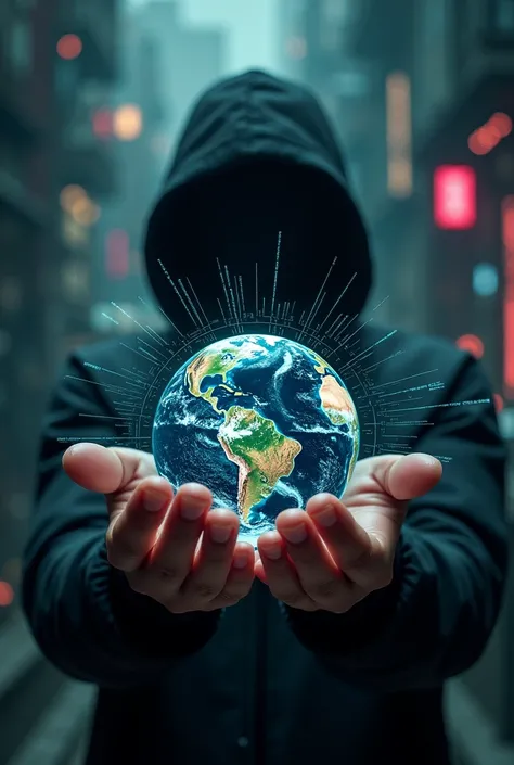 Anonymous hacker with the world in his hand highlighting the Spanish word mockery