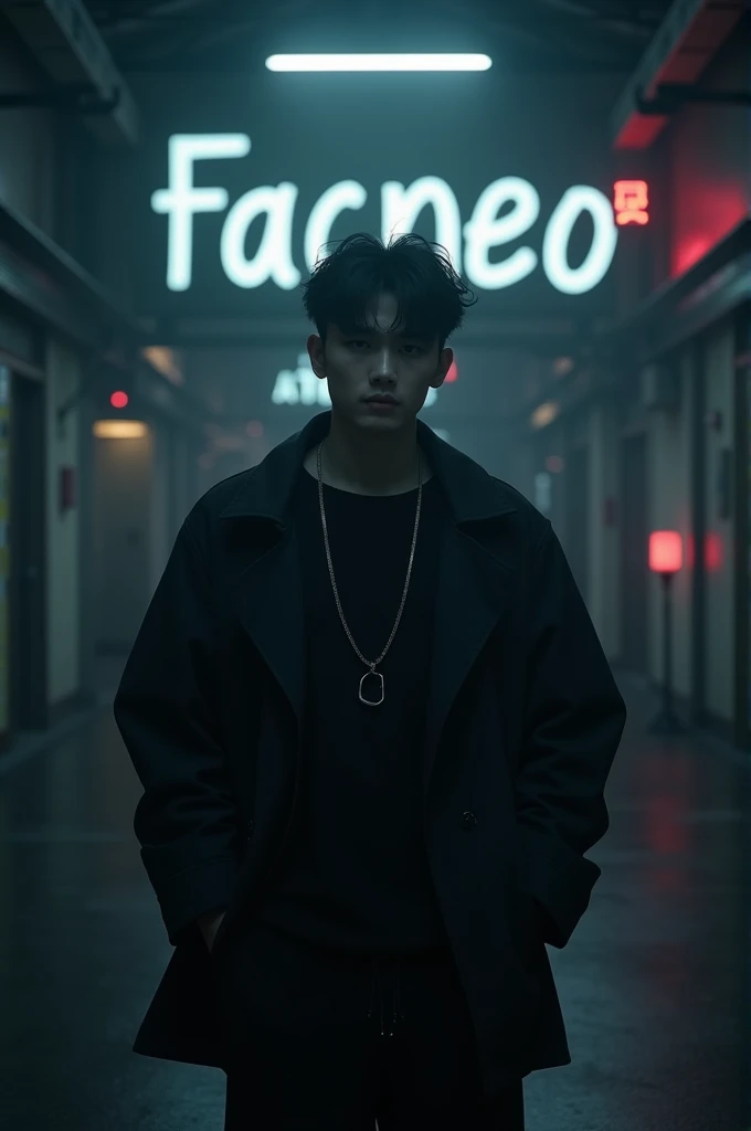 Korean k-pop boy in a dark place that looks like DPR ian and in the background with a sign that says the word facneo 