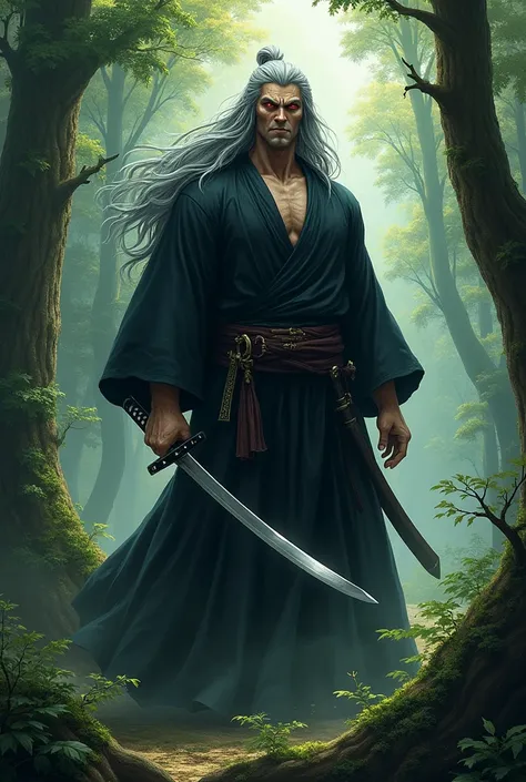 tall boy with grey hair, red eyes in a forest backgroud, a Katana in his belt long hair, 