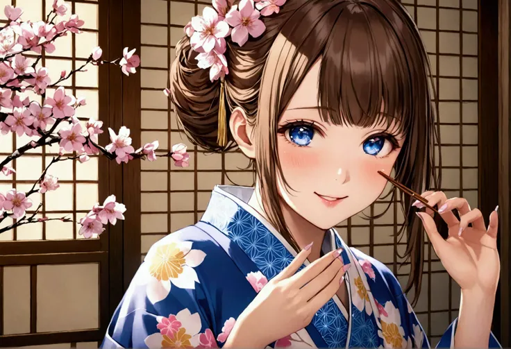 A masterpiece of a schoolgirl wearing a provocative kimono: A 16K UHD masterpiece unfolds in a Japanese-style room decorated with cherry blossoms and lanterns。Attractive young woman with flowing brown hair down her back、She wears a loose-fitting kimono tha...