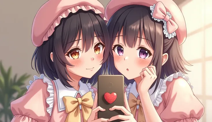 Create an illustration of two young women taking a selfie together, capturing a lighthearted and intimate moment. The setting is indoors, perhaps a cozy room with a neutral-colored wall as the background, allowing the focus to remain on the characters. Bot...