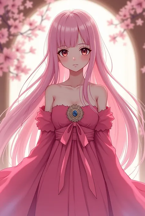 (Dragon Ball character) A shy and beautiful girl with maroon eyes, Dark pink skin and light pink hair that reaches the floor, with a hot pink dress tied with a brooch and a pinky colored ribbon, Also wearing long sleeves like a kimono and having her chest ...