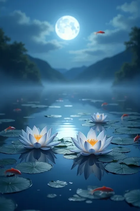 Lilies in the beautiful lake, moon in the background, mesmerizing, jumping fish 