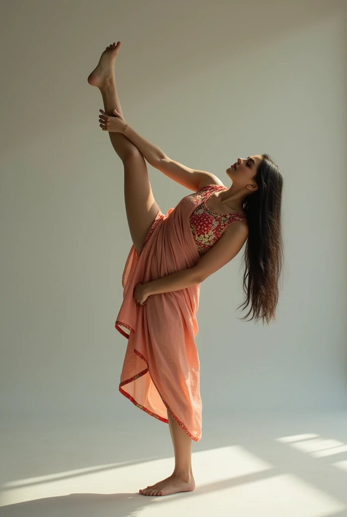 A beautiful Bangladeshi teenage girl spreading her one hand 180° backwards. She is standing straight on sided.Her leg is touching the ground