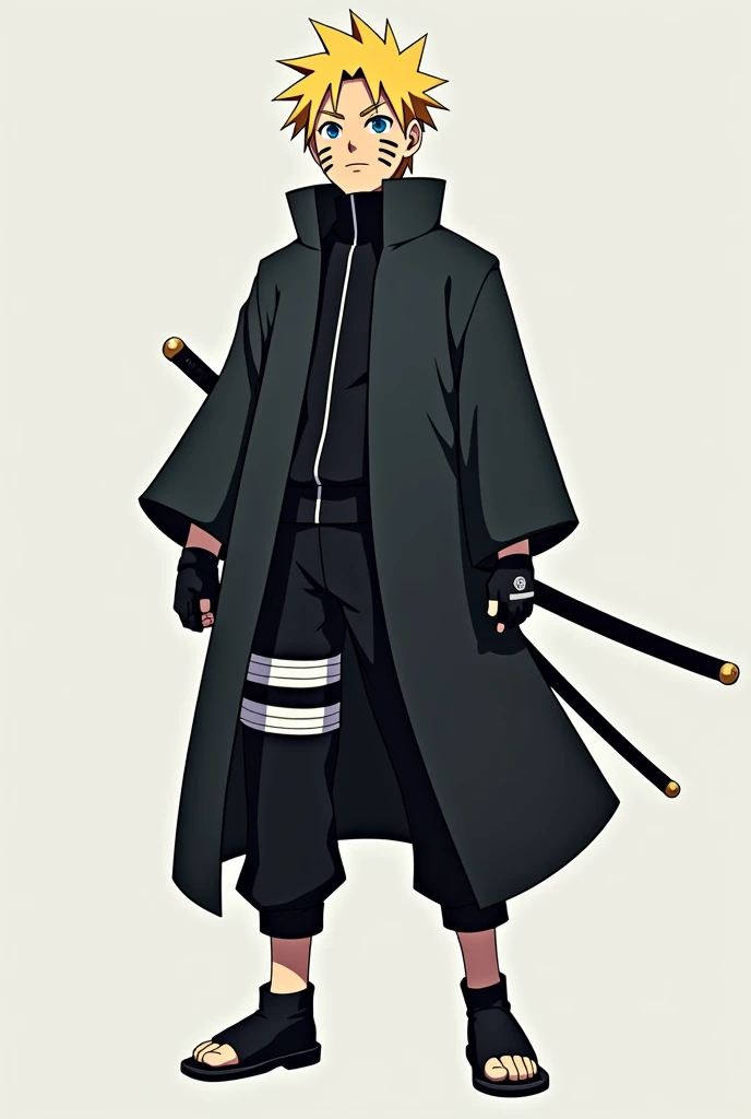 Boruto Uzumaki, a  male anime character with a height of 180 cm, yellow hair with an undercut haircut, has medium skin, blue eyes, has 2 whiskers lines on both cheeks, wears a black robe that reaches his thighs so that it covers his upper body, wears black...