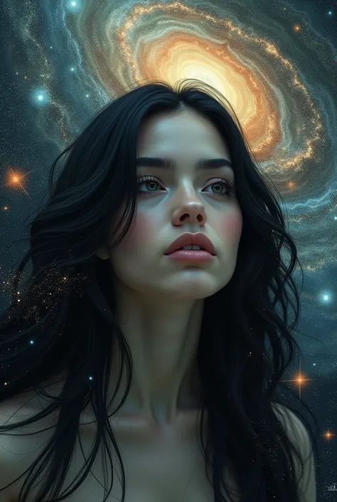 A umagem.about humanity, the universe and its thoughts on the unknown Give me another more beautiful and mysterious image with a female character with long black wavy hair .

A brunette woman, long black wavy hair and in a context about the mysteries of th...