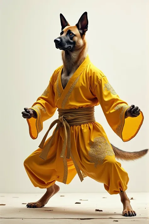 A German Shepherd/Great Dane mix. Wearing a silk gold martial arts outfit. Doing a kung-fu pose. 