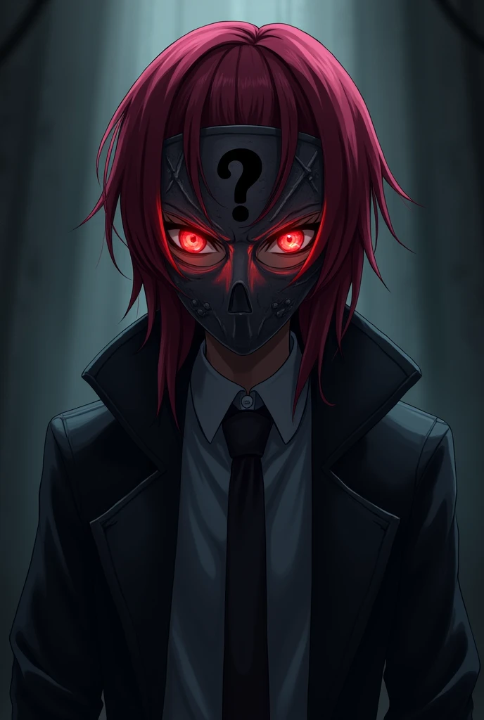 anime character with dark red hair and wearing investigator clothes and a mask with a question mark with glowing eyes and terror