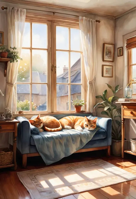 A transparent watercolor painting of a cozy room with a cat napping by the window, bathed in warm, soft light. not woman.