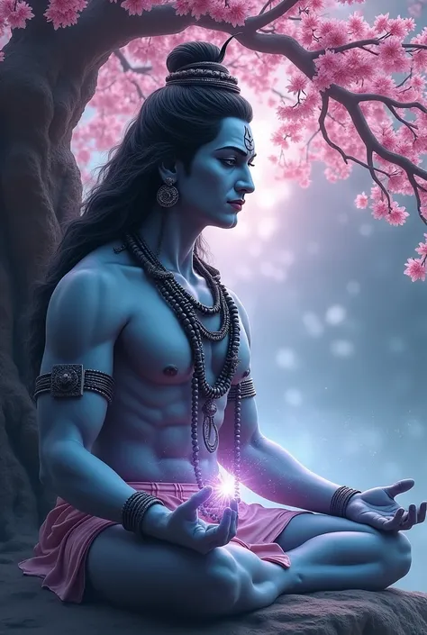 make a picture of lord Shiva, handsome, side view, background universe, lord Shiva grey colour skin, body with aura, body with aurora, handsome, blue glowing eyes , with 3rd eye, background colour universe , meditate under the cherry blossom tree