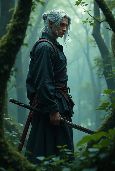 tall man with grey hair, red eyes in a forest backgroud, a Katana in his belt long hair, 20 years old, 