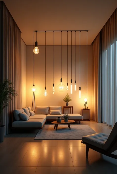 Impact on Modern Lighting: "A modern room brightly illuminated by various types of light bulbs, symbolizing the evolution from Edisons first light bulb to todays advanced lighting technology."